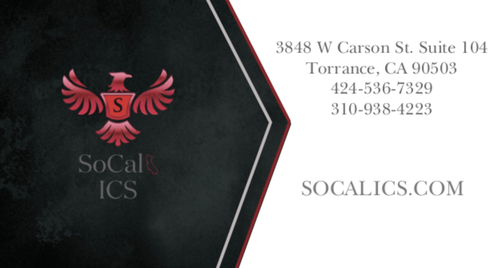 SoCal ICS business card with eagle crest and contact details