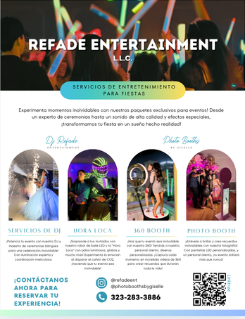 Refade Entertainment event flyer with DJ, 360 booth and photo booth services