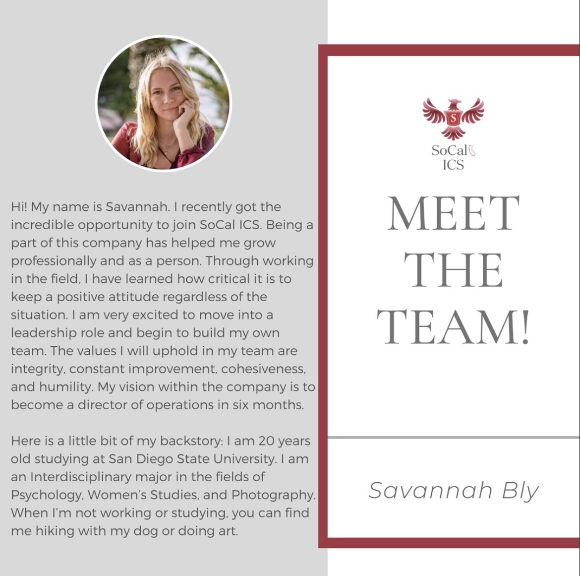 Meet the Team card featuring Savannah Bly